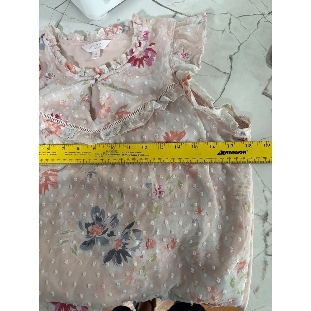 LC Lauren Conrad Peach Floral Swiss Dot Ruffle Sleeveless Blouse Medium - Picture 6 of 6